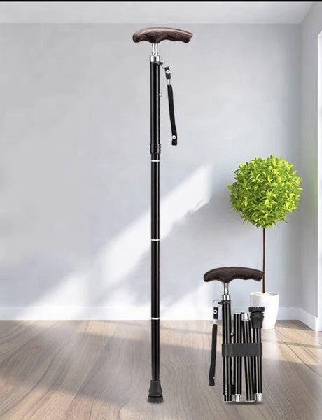 Slim neck folding cane with real wood handle